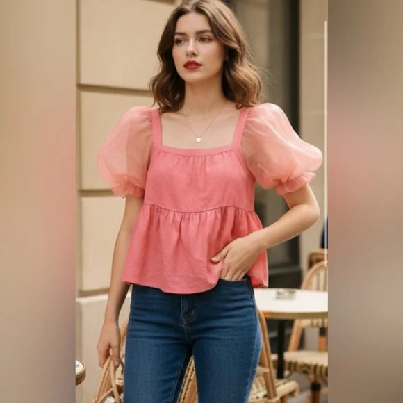 Tuckernuck $128 Pomander Place Tinsley Mesh Puff Sleeve Top in Pink Size Small