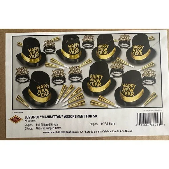 New Year’s Party Favor Assortment For 50 Guests Black Gold Hats Tiaras Horns