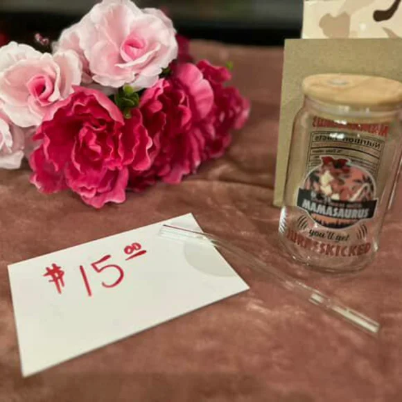 16 Oz Mamasaurus Glass Jar with Straw - Clear Gift Mother’s Day Gift