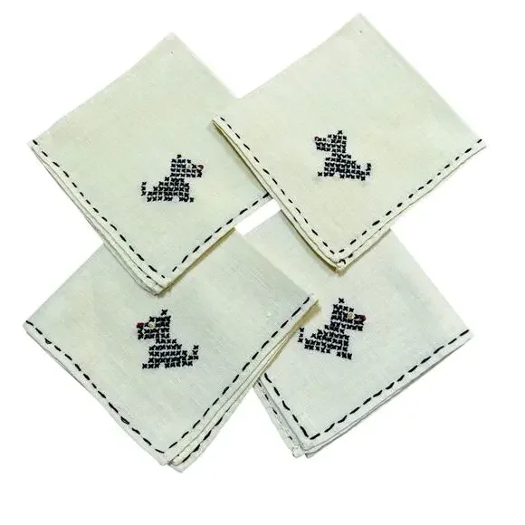 Cocktail napkins (4) YELLOW cotton hand embroidery black Scottish Terriers