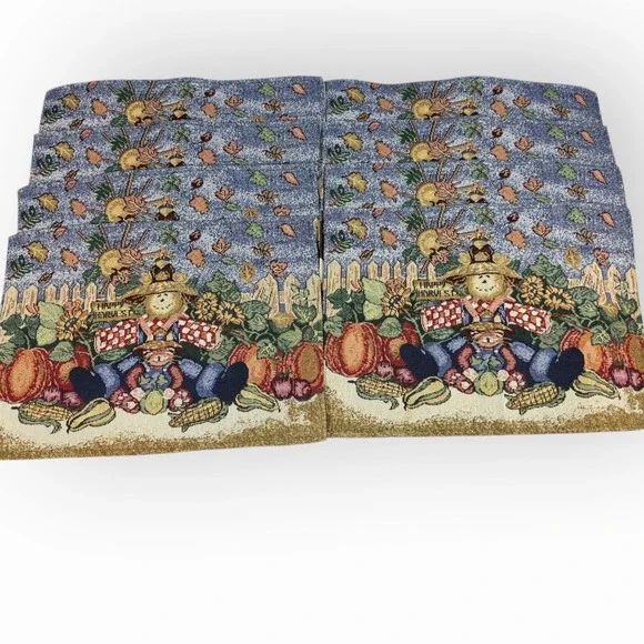 Set of 8 Vintage Fall Tapestry Placemats Happy Harvest Scarecrow Thanksgiving‎