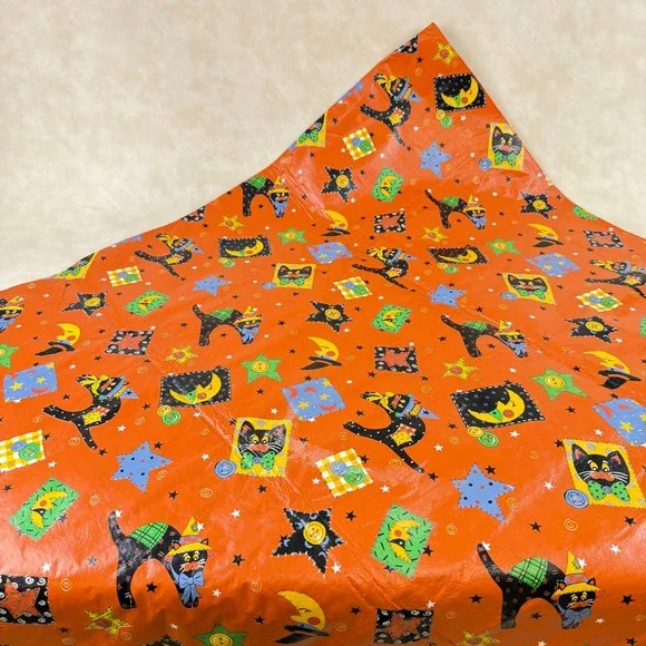 Halloween Vinyl/Flannel Backed Tablecloth‎ Orange Black Cat Moon Stars 86
