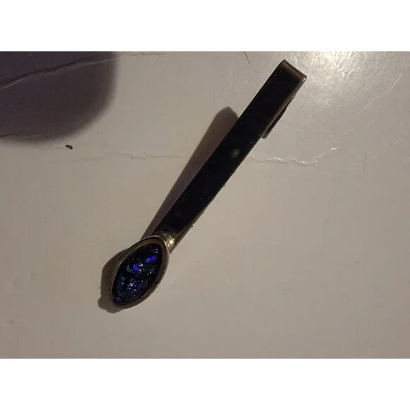 Vintage Silver Tone Horseshoe Tie Clip Blue Crystal Gemstone