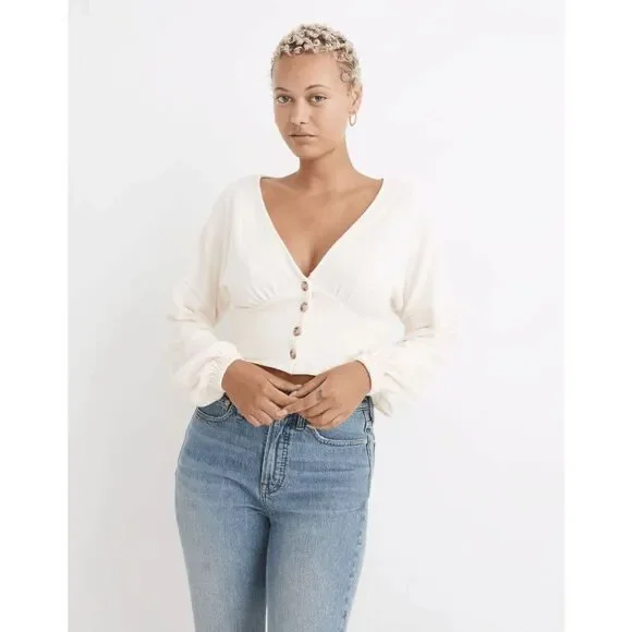 Madewell Antique Cream Deep-V Button-Front Crop Top Women's Size Small NWT