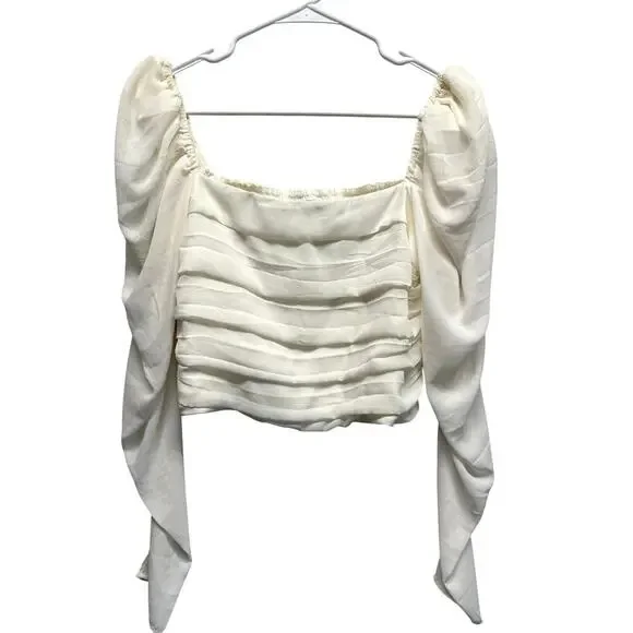 Abercrombie & Fitch White Ruched Puff Sleeve Crop Blouse L Romantic Peasant Top