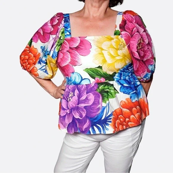 FARM Rio Rainbow Chita Luxury Peplum Blouse Plus 1X XL Vibrant Tropical Floral‎