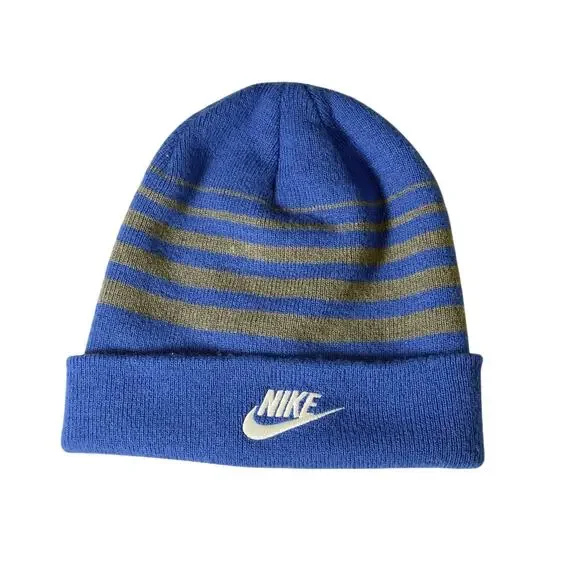 Nike Beanie Ski Hat Youth Blue Grey Stripe w/ Swoosh Logo Knit Cap Winter Cold