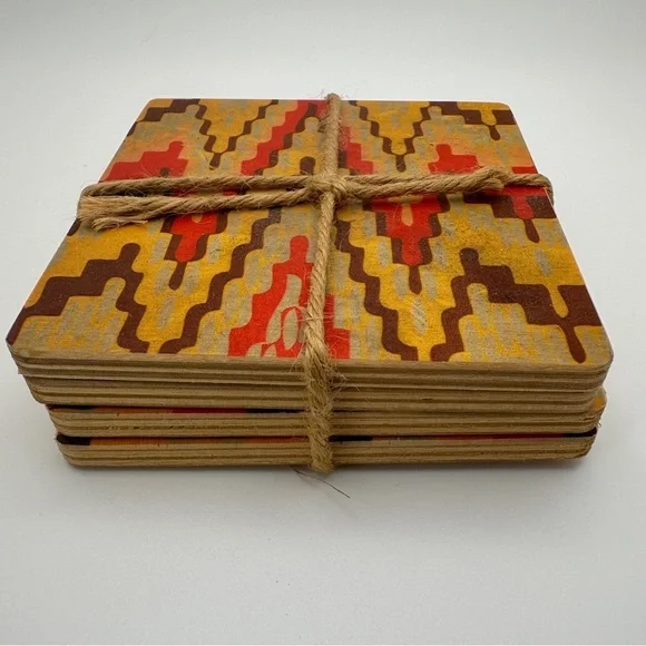 Geometric Patterned Wood Multicolor Coasters Set of 4