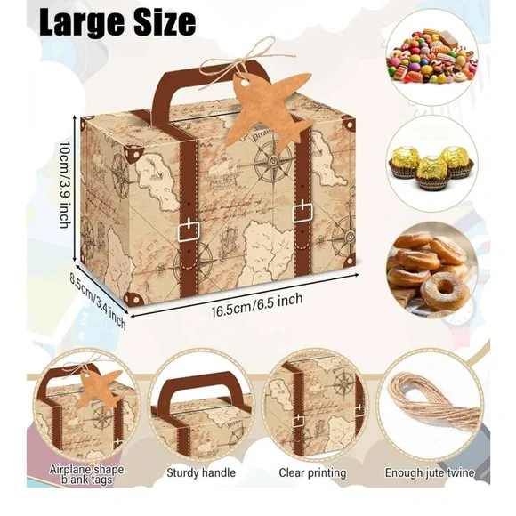 10pc GIFT BOX 🧳 Travel Favor Box Vintage Map Party Favor Box w/ Airplane Tag DIY