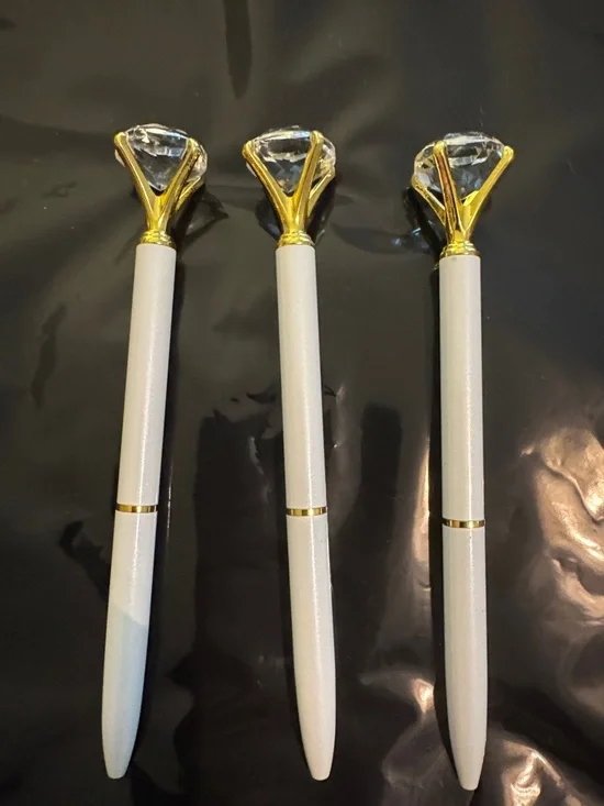 White and Gold Crystal Diamond Top Ballpoint Pens Set of 3 Party Favor Set