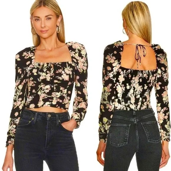 New Free People Hillary Black Floral Top
