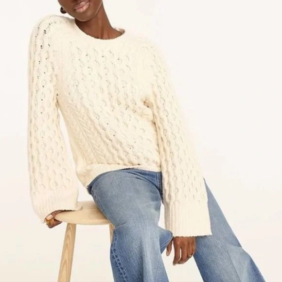 J.Crew Women's Cotton Blend Bouclé‎ Cable Knit Crew Neck Pullover Sweater
