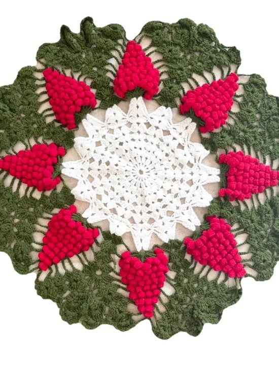 Vintage Handmade Crochet Round Tablecloth With 3D Grape Cluster Pattern Granny