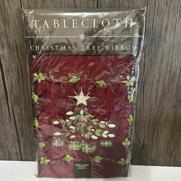Christmas Tree Ribbon Table Cloth Holiday Party Decor Oblong 60x84 Brand New