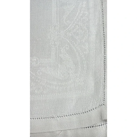 Vintage White Damask Napkin Set Hemstitched Border Scroll Vine Design Set Of 2