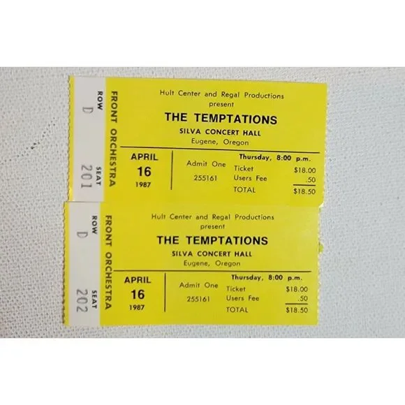 2 Vintage 1980s The Temptations Ticket Stubs Silva Concert Hall‎ Oregon 1987