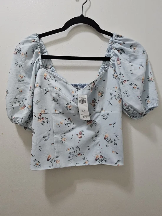 Abercrombie & Fitch Pale Blue Floral Puff-Sleeve Top