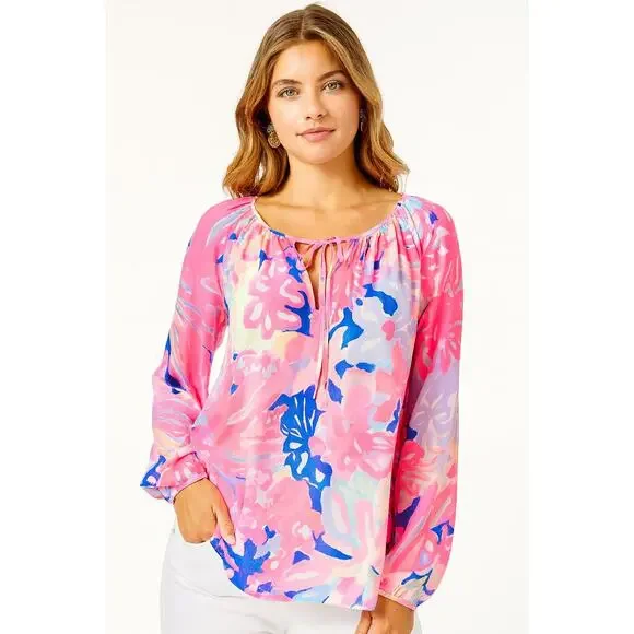 LILLY PULITZER Willa Peasant Blouse Hermosa Print Rayon New $128