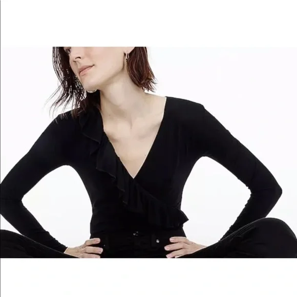 J.Crew Ruffle Front Wrap Bodysuit in Black H3685