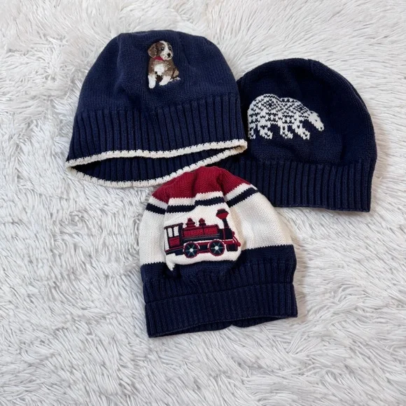Janie and Jack set of‎ 3 Knit Beanie embroidered train, bear, dog in navy blue