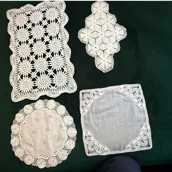 Vintage White Lace Doilies Set of 4 Handmade Crochet Embroidered Table Linens