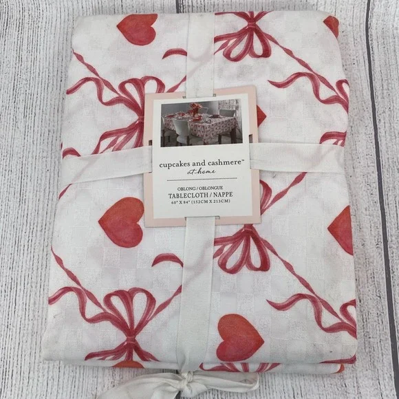 Cupcakes and Cashmere Tablecloth 60x 84 White Pink Red Hearts Bows Valentines