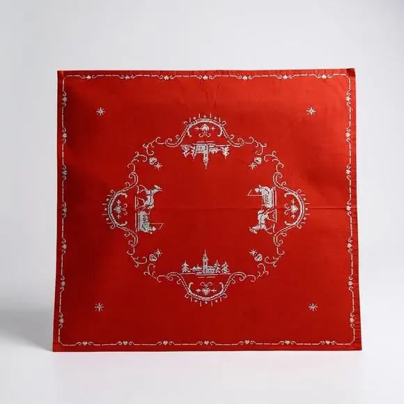 Vintage Red Christmas Tablecloth Scandinavian Folk Embroidery 37x35