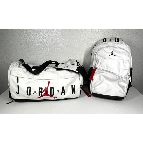 2 Nike Jordan Jumpman Duffel Bag‎ + Backpack SET White Black Red Logo 2pc LOT