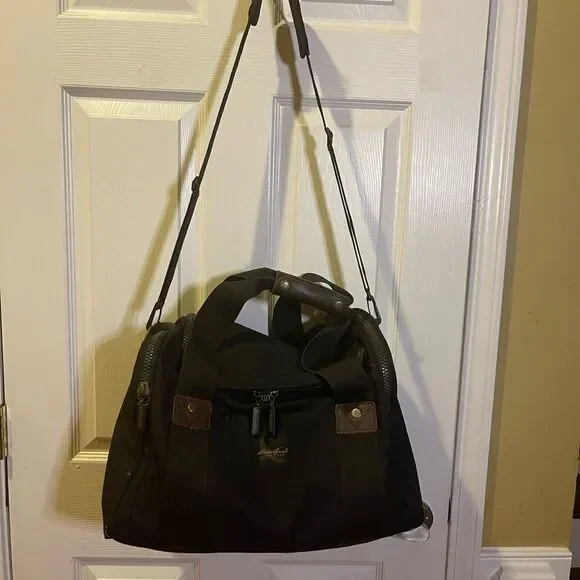 Eddie Bauer Premium Black Canvas brown Leather Duffle Weekender Bag