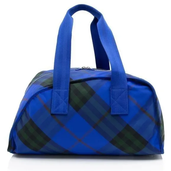 BURBERRY Duffle Bag Blue Nylon Shield Check Plaid Authentic Unisex $2050