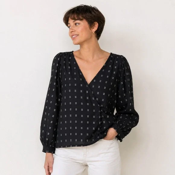 Madewell Kinston Side Button Wrap Top XL Black Textured Dobby Boho