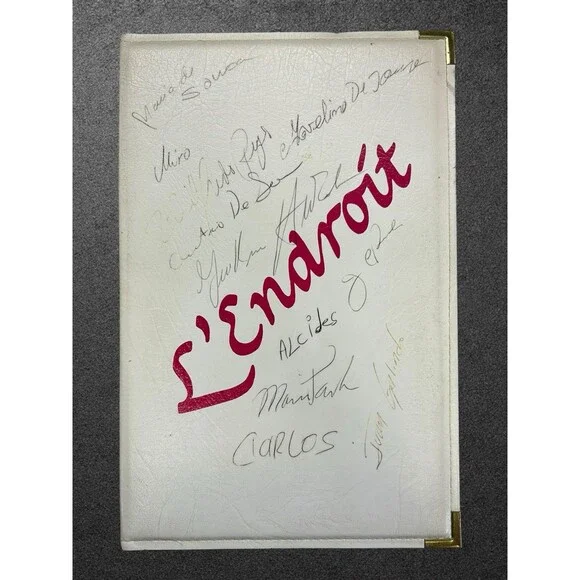 Vintage L'Endroit Restaurant Menu Cover Guest Log Signed Autographs Ephemera
