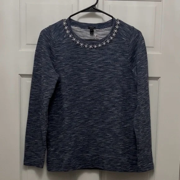 NWT J. Crew Blue and White Heathered Knit Sweater with Embellishments - Sz Small