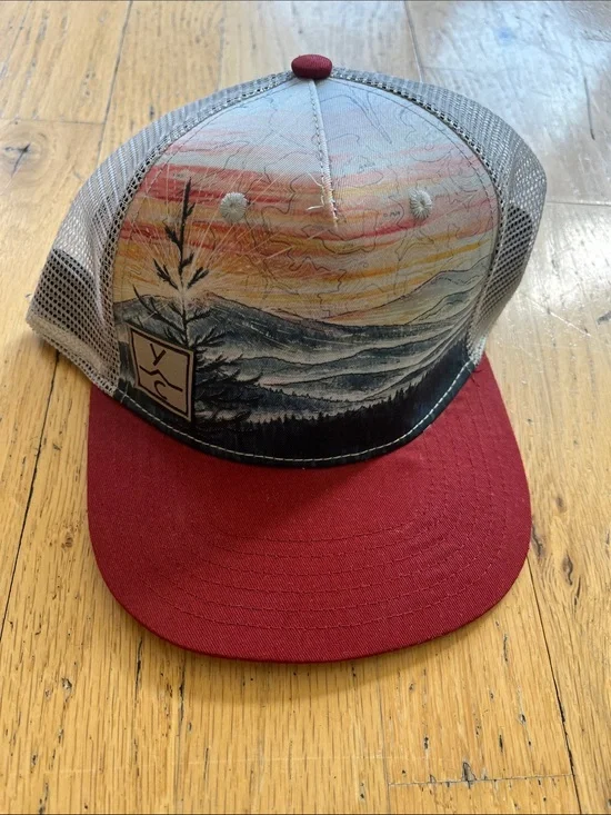 Yellowstone Club mountain sunset Mesh trucker Hat, flat Red Brim, youth size
