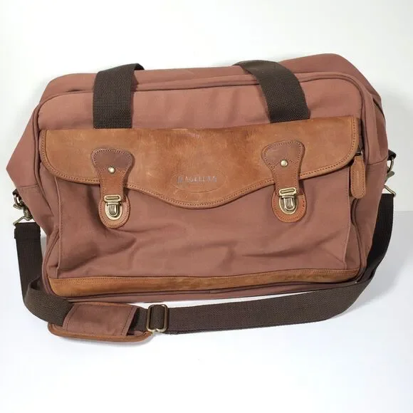 Vintage Magellan Large Duffle Bag Brown Rust Red Canvas Leather Trim Rugged