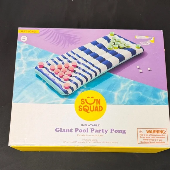 Sun Squad Inflatable Giant Pool Party Pong - Blue and White extra built in cup