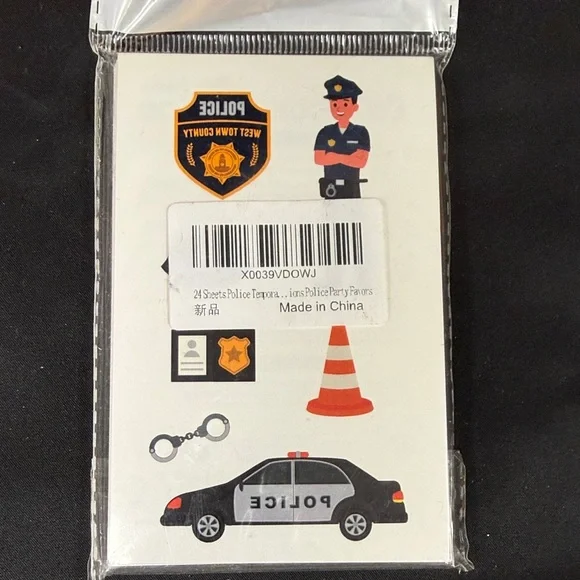 Police Themed Party Favor Set 24 sheets police temporary tattoos cuffs car badge
