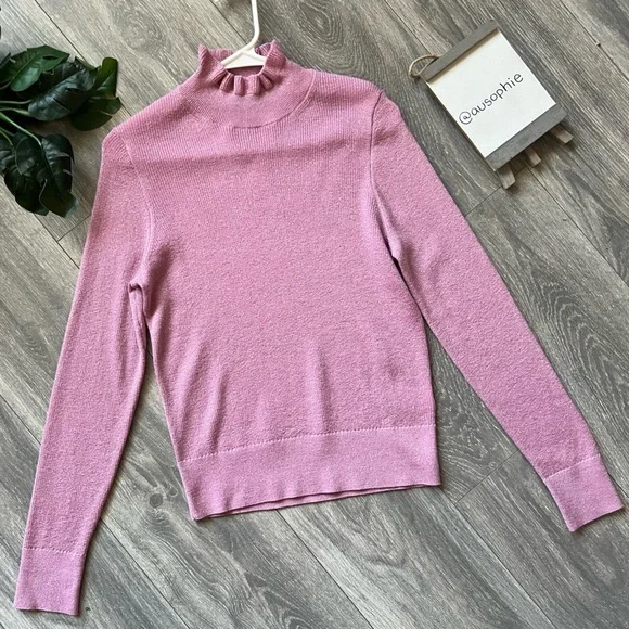 J. Crew Pink Metallic Merino Wool Ruffleneck Turtleneck Sweater. Size M