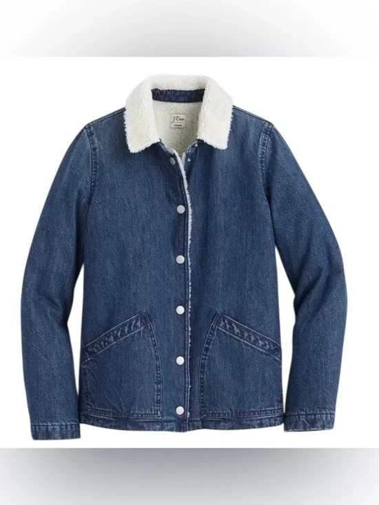 J. Crew Dark Blue Denim Jacket with Cream Sherpa Collar