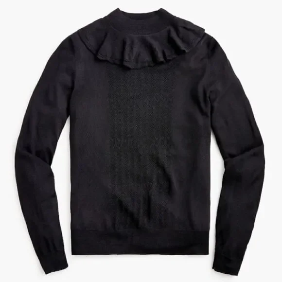 J.CREW Ruffle Mockneck Black sweater Pointelle Stitch