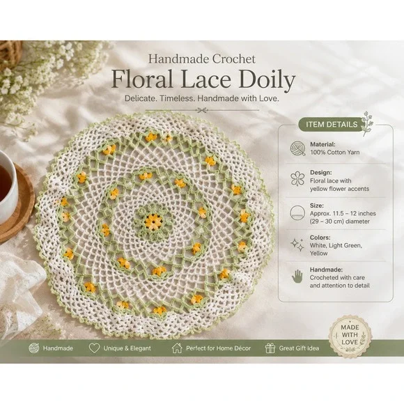 VTG Handmade Crochet Floral Doily Round White Green Yellow 12 Inch Cottagecore