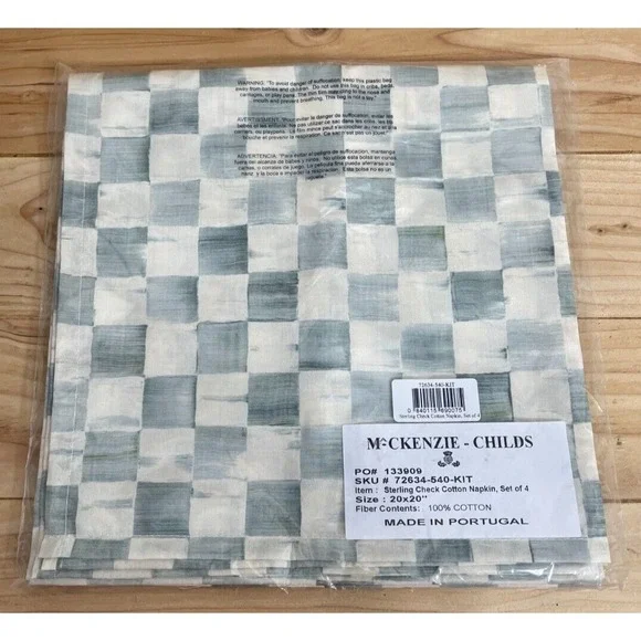 MacKenzie Childs Sterling Check Cotton Napkins 20x20 Gray Ivory Set of 4 New