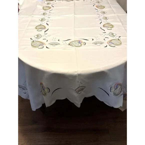Embroidered‎ Fish & Shells Sheen Tablecloth 68x86