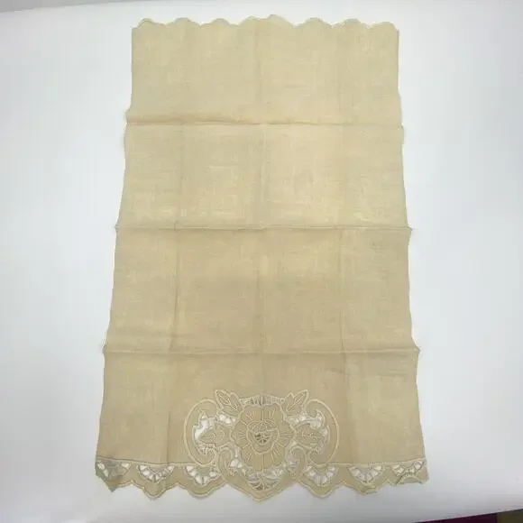 Vintage Linen Dresser Scarf Floral Cutwork Beige Table Runner Cottagecore