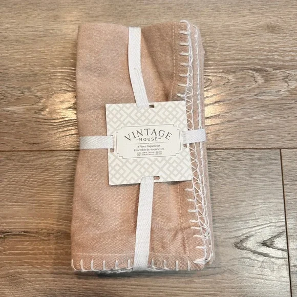 Vintage House 4 Piece Napkin Set Dark Beige‎ Embroidered Hem 18x18 inches