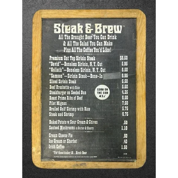 Vintage 1970’s Steak & Brew Restaurant Menu - Wood Frame Paper On Slate