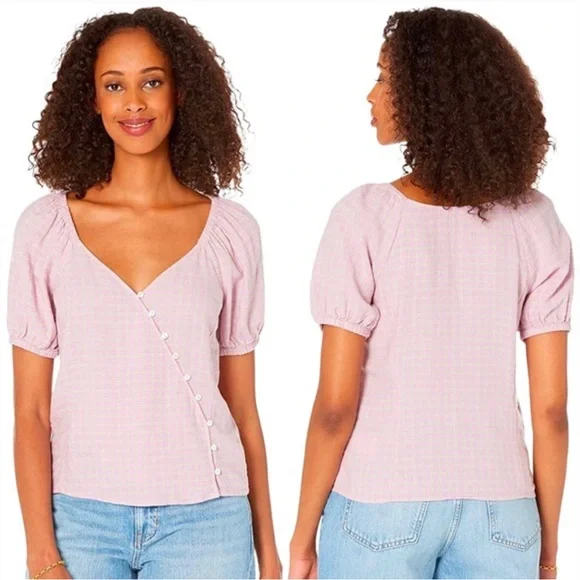 Madewell Women’s Linen Blend Lavender Plaid Puff Sleeve Button Wrap Top Size XL