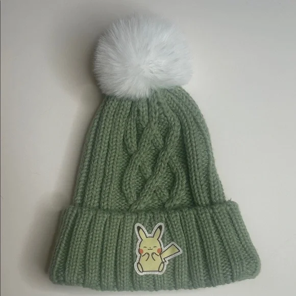 Youth Pokémon Pikachu Green and White Cable Knit Beanie with Pom Pom, Sz. OSFM
