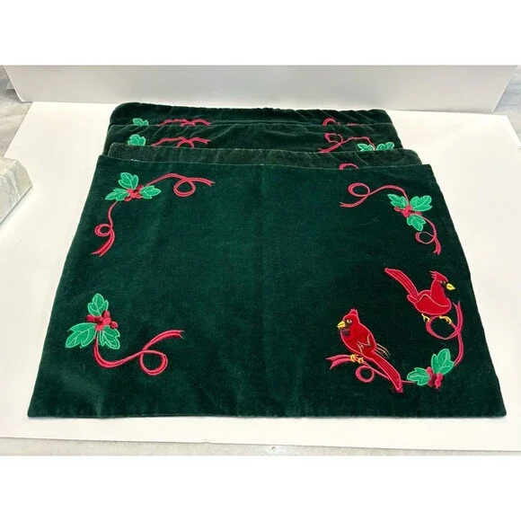 Christmas Placemats Quilted Embroidered Velvet Cardinal Holly Set of 4 13x17