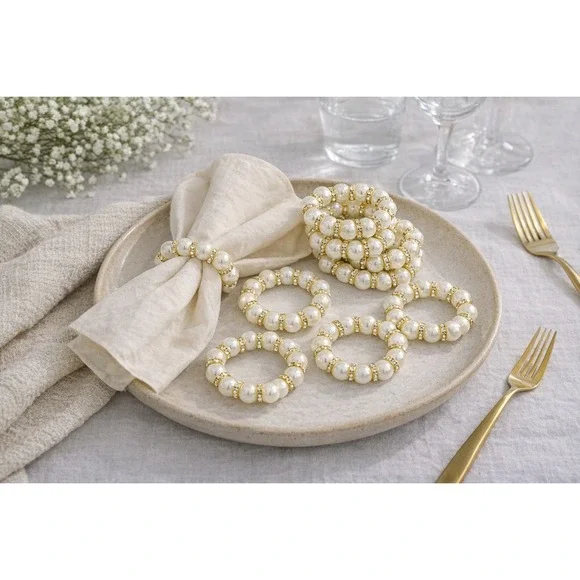 Elegant Pearl Rhinestone‎ Napkin Rings Set of 8 Purchased New Never Used